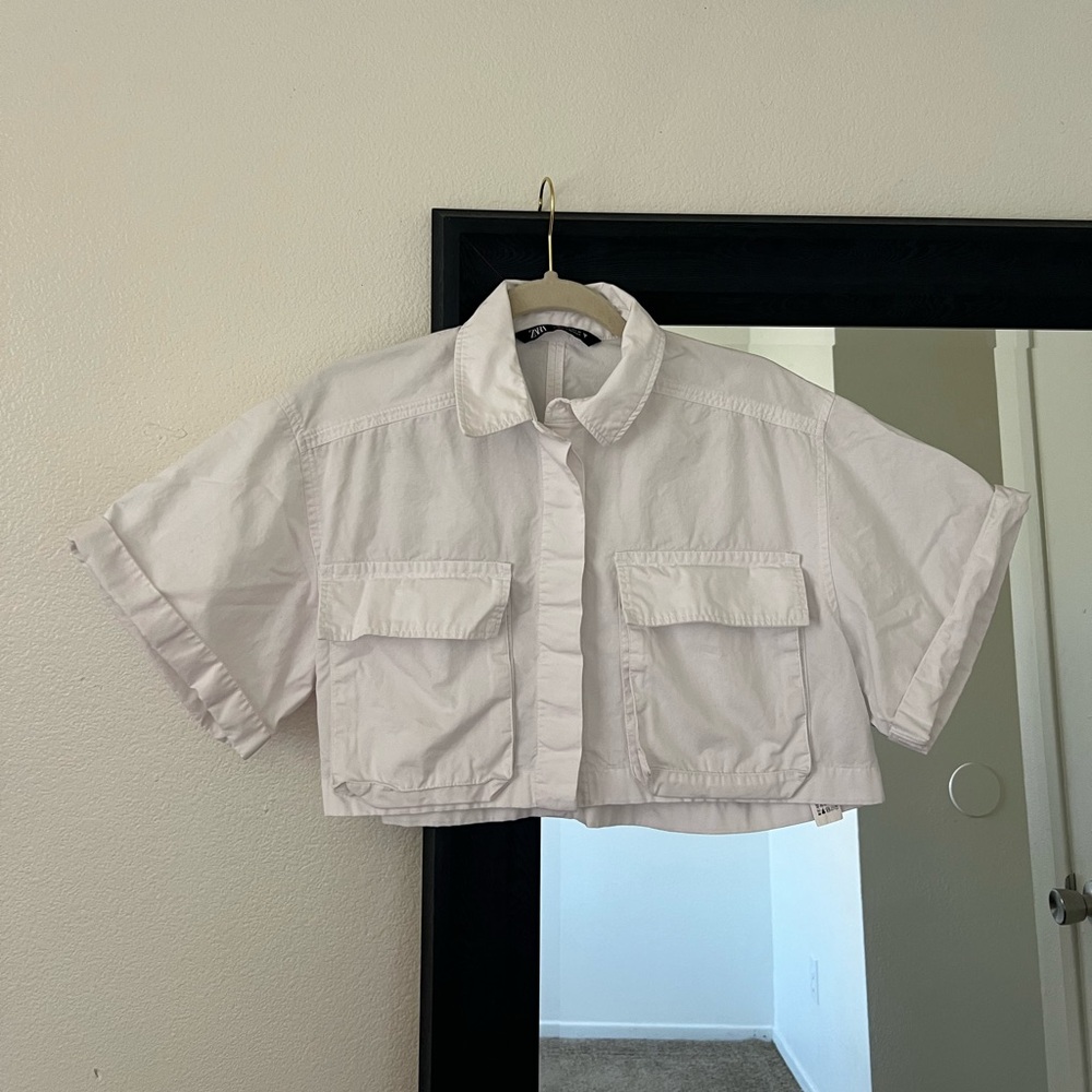 Zara White Cropped Button-Front Top
